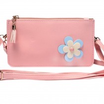 Ladies Single Shoulder Bag PU Leather Cell Phone Bag With Flower, Pink