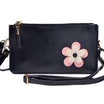 Ladies Single Shoulder Bag PU Leather Cell Phone Bag With Flower, Black