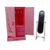Pink 11.8" Doll Dollhouse Furniture - Wardrobe And Dressing Mirror Play Set