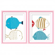 Cute Blue Fish Set DIY Cross Stitch Pre-Printed Embroidery Kits Kids Decor, 10x14 inch