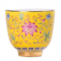 2.5 oz Yellow Handmade Enamel Painted Porcelain Kungfu Teacup Chinese Tea Cup Japanese Wine Cup