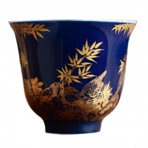 2.5 oz Blue Glaze Handmade Ceramic Kungfu Teacup Chinese Tea Cup Gold Bamboo