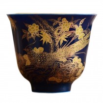 2.5 oz Blue Glaze Gold Peacock Handmade Ceramic Kungfu Teacup Chinese Tea Cup