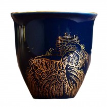 2.5 oz Blue Glaze Handmade Ceramic Kungfu Teacup Chinese Tea Cup Gold Landscape Painting