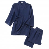 Pajamas Men's Kimono Suit Loose Breathable Cotton Gauze Yukata Pyjamas Set, Navy Blue