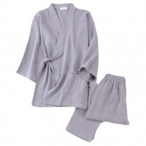Japanese Style Men's Kimono Loose Breathable Cotton Gauze Pajamas Suit Sleepwear, Grey