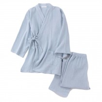 Cotton Gauze Pajama Set Home Bathrobe Japanese Style Kimono Yukata for Men, Blue
