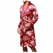 Dragon Mens Bathrobe Silk-Like Pajama Robe Kimono Yukata Wedding Robe, Red
