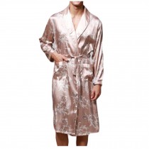 Men's Summer Kimono Soft Satin Robe Nightgown Long-Sleeve Pajamas Printed Bathrobes