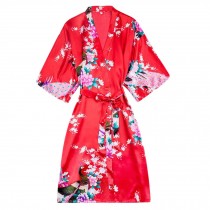 Girls' Satin Kimono Peacock Flower Robe Pajama for Spa Party Wedding Birthday, Red