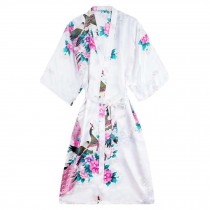 Girls Silk-like Satin Kimono Robe Peacock Sleepwear for Wedding Spa Party, White