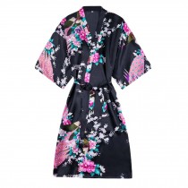 Girls Peacock Floral Satin Robes Getting Ready Kimono Robes for Wedding Party, Black