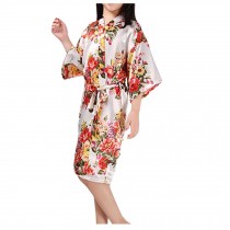 Girls Flower Kimono Robe Satin Bathrobe Nightgown for Pajama Party, White