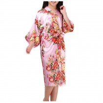 Silky Floral Kimono Robe Pajama Yukata Homewear Dressing Gown, Pink