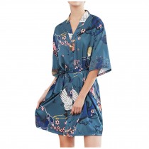 Crane Women's Floral Satin Kimono Silk-Like Yukata Bridesmaid Robe, Blue