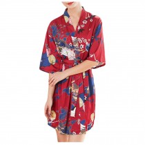 Women's Satin Kimono Robe Short Bathrobe Loungewear Sleepwear Pajama Yukata,Red