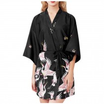 Japanese Style Crane Kimono Pajamas Yukata Bathrobes Bridal Bridesmaid Nightgowns, Black