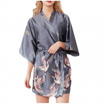 Japanese Style Crane Kimono Robe Yukata Pajama Party Satin Nightwear Sleepwear, Grey