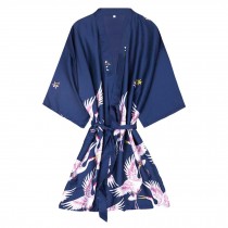 Women's Kimono Satin Pajama Yukata Loungewear Nightwear Crane Bathrobe, Blue