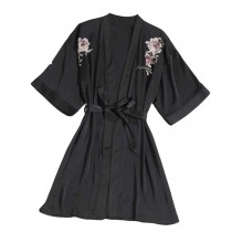 Womens Silk-like Satin Kimono Robe Floral Bathrobe Nightgown Bride Bridesmaid Robe, Black