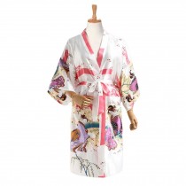 Japanese Style Satin Kimono Women Pajama Yukata Bathrobe Sleepwear Loungewear, White