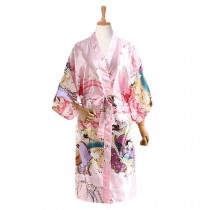 Japanese Style Women Kimono Loose Breathable Satin Pajamas Yukata Wedding Party, Pink