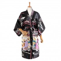Japanese Style Women Kimono Loose Breathable Satin Yukata Pajamas Party, Black