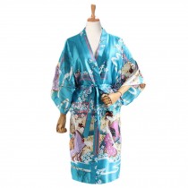 Japanese Style Satin Kimono Yukata Women Dance Performance Robe Pajama Homewear, Blue