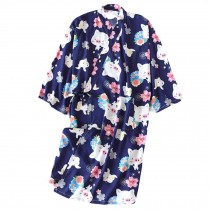 Japanese Style Women Cotton Kimono Pajama Yukata Pig Pattern Bathrobe, Blue