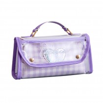 Cute Two-Layer Pencil Organize Bag With Handle Stationery Holder for Girls, Purple Heart Grids