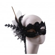 Venetian Masquerade Half Face Lace Masks Halloween Costume with Feather Flowers, Black