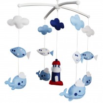 Baby Crib Mobile Infant Room Hanging Toy Nursery Bed Decor Baby Boys Musical Mobile, Blue Lighthouse and Whales