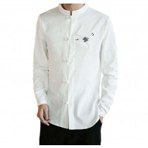 Mens Standing Collar Cotton and Linen Chinese Long Sleeve KungFu Cloth Men Shirt, White