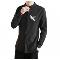 Mens Standing Collar Cotton and Linen Chinese Long Sleeve KungFu Cloth Men Shirt, Black