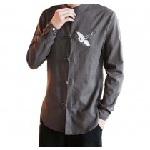 Mens Standing Collar Cotton and Linen Chinese Long Sleeve KungFu Cloth Men Shirt, Grey