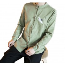 Mens Standing Collar Cotton and Linen Chinese Long Sleeve KungFu Cloth Men Shirt, Green