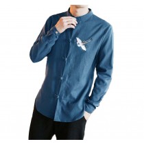 Mens Standing Collar Cotton and Linen Chinese Long Sleeve KungFu Cloth Men Shirt, Denim Blue