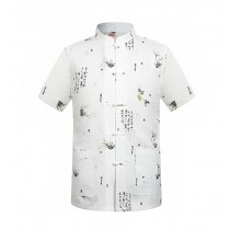 Mens Standing Collar Cotton and Linen Chinese Short Sleeve KungFu Cloth Men Shirt, White