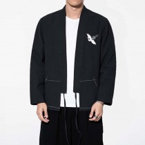 Mens Standing Collar Cotton and Linen Chinese Long Sleeve KungFu Cloth Men's Shirt, Black