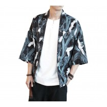 Mens Crane Pattern Chinese Half Sleeve KungFu Cloth Cotton and Linen Men's Shirt Outerware, A