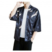 Mens Crane Pattern Chinese Half Sleeve KungFu Cloth Cotton and Linen Men's Shirt Outerware, C