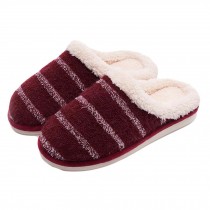 Women Knitted Slippers Striped Patterned Winter Warm Cotton Velvet Cozy Slippers, Wine Red