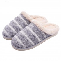 Men Knitted Slippers Striped Patterned Winter Warm House Slippers Cotton Velvet Cozy Slippers, Grey