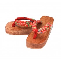 Japanese Style Wooden Clogs Womens Geta Sandals Red Flowers Pattern Platform Shoe