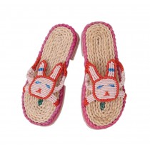Natural Handmade Straw Sandals Womens Woven Flats Slippers Casual Style Rabbit Pattern