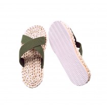 Mens Straw Woven Slippers Handmade Sandals Deep Green Lacing Casual style Flip Flops