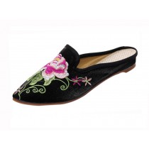 Women's Pointed Toe Backless Slippers Embroidery Lazy Loafers Flat Shoes, Black