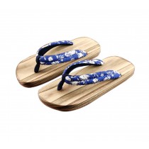 Mens Japanese Wooden Clogs Sandals Japan Traditional Wide Sole Flat Shoes Blue and White Flowers Geta