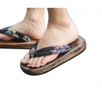 Japanese Wooden Clogs for Mens Sandals Japan Traditional Flat Shoes Black Kirin Pattern Non-slip Geta
