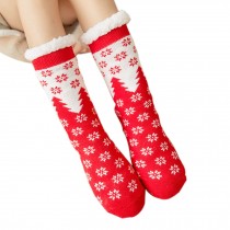 Red Cozy Fuzzy Thick Slipper Socks for Winter Indoor Warming Christmas Gift, Snowy trees